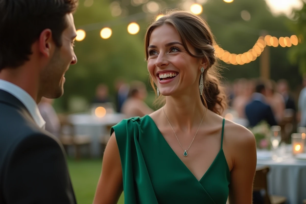 Jeune femme en robe verte discutant lors d