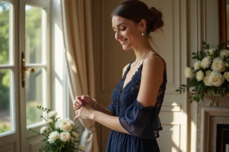 Femme élégante en robe de soirée navy ajustant son bracelet