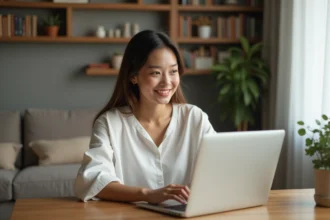Jeune femme souriante au bureau à la maison pour un mariage