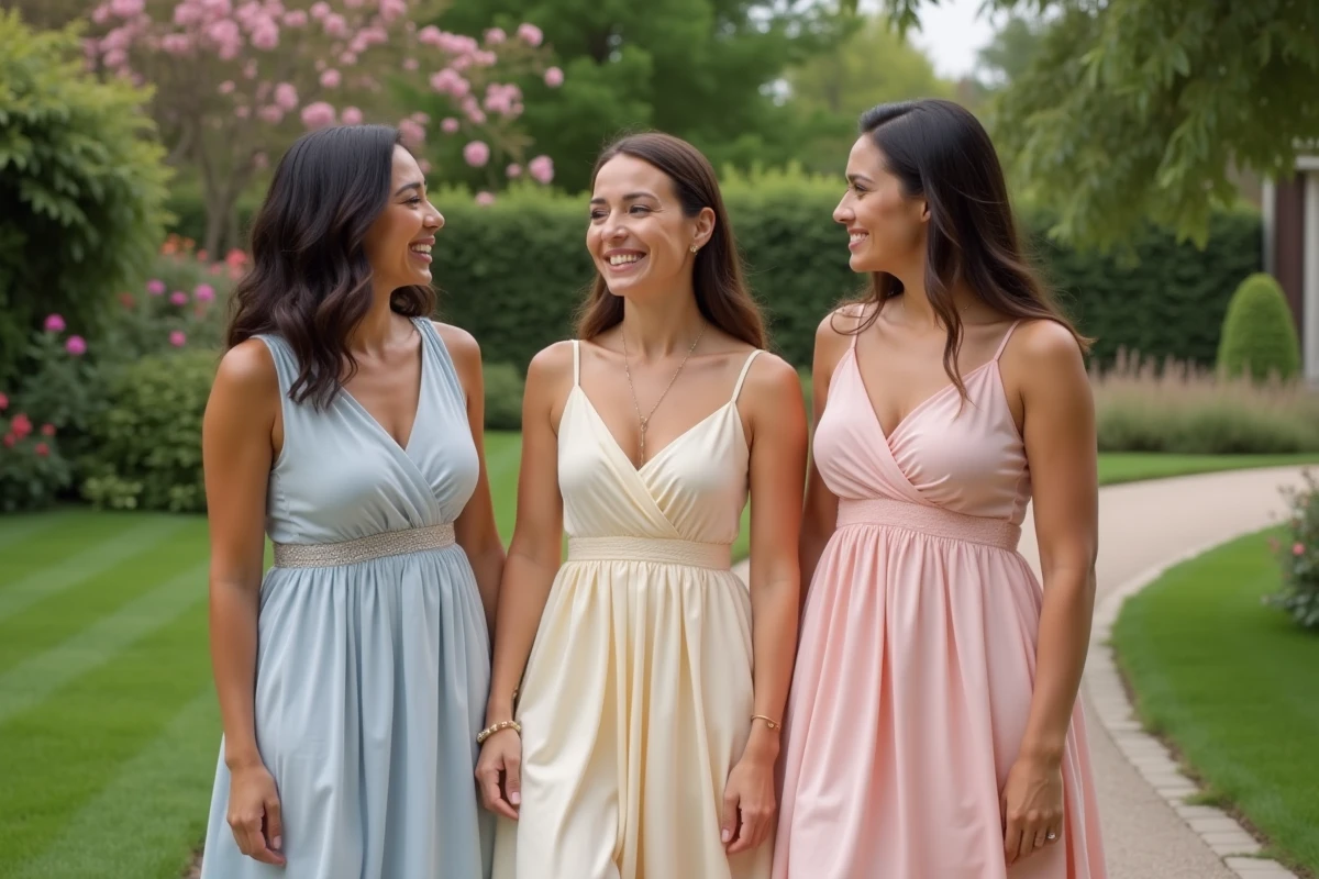 Trois femmes en robes pastel riant dans un jardin ensoleille
