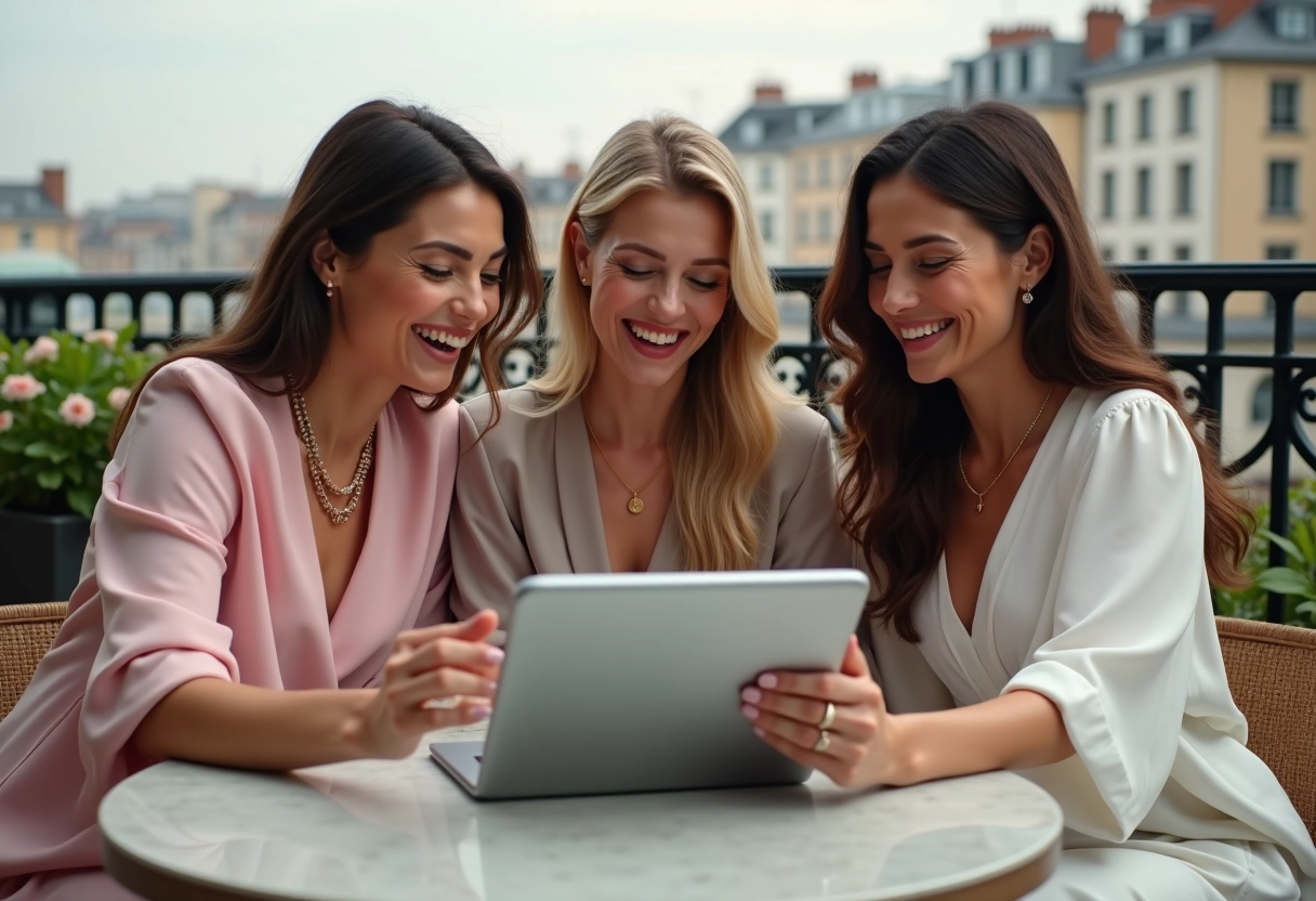 Trois femmes riant en regardant un site de mariage sur une tablette