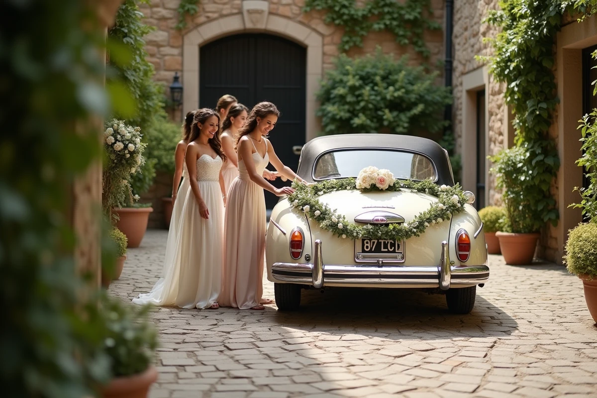 Invités élégants décorant une voiture vintage avec fleurs et rubans