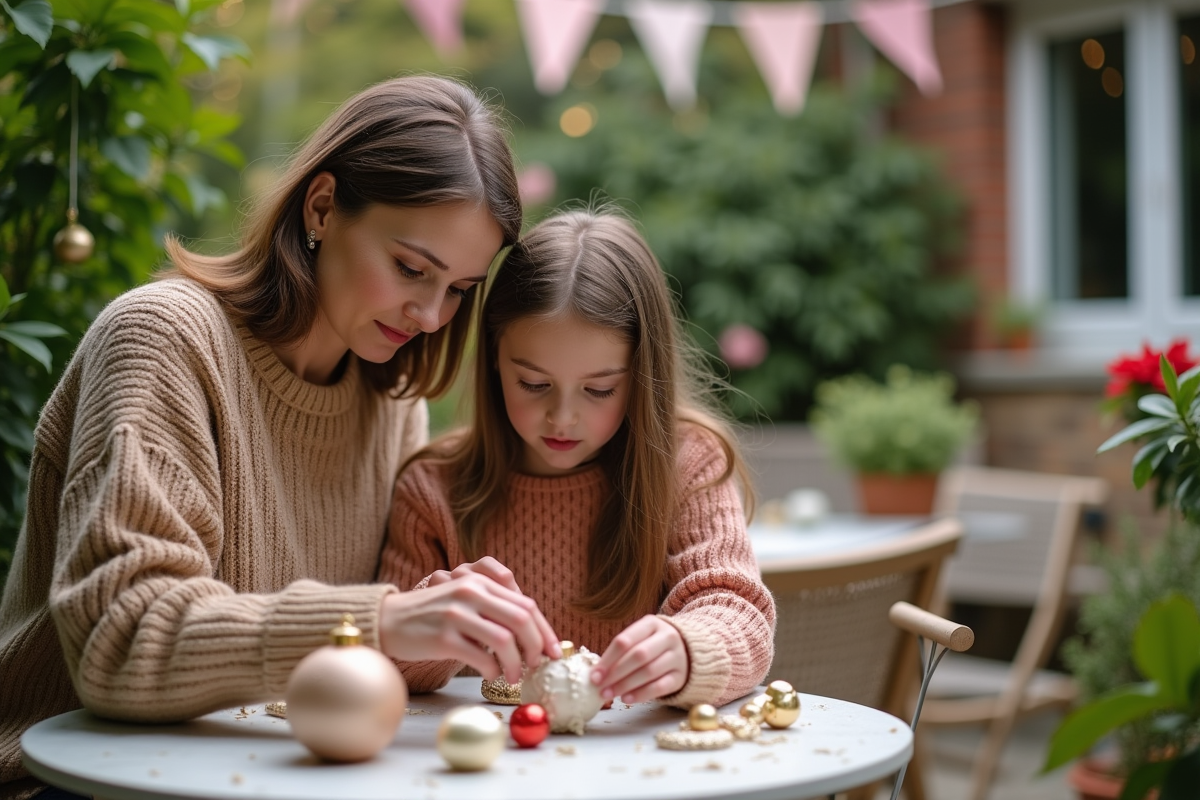 Femme et adolescente décorant une table extérieure chaleureuse