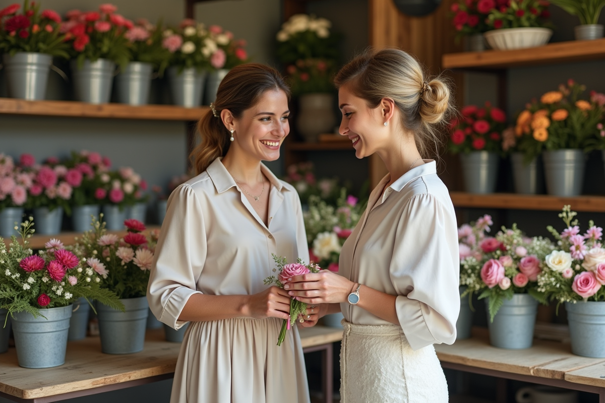 Jeune mariée et sa mère dans une boutique de fleurs colorée