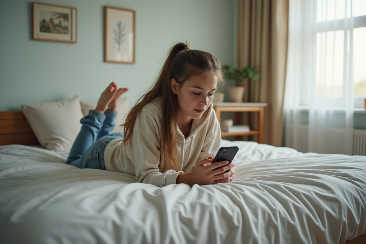 Jeune femme lisant son smartphone dans son lit