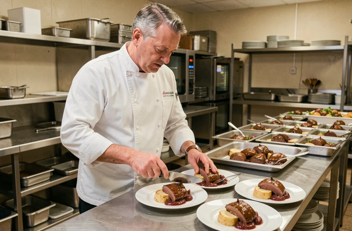 Chef de François Arnaud Traiteur dressant des assiettes de confit de canard dans une cuisine professionnelle de l'Hérault