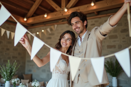Jeune couple arrangeant des guirlandes en papier pour un mariage
