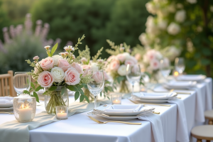 Table de mariage élégamment décorée avec fleurs et accessoires raffinés