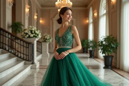 Robe de soirée élégante pour un mariage, mettant en valeur la silhouette