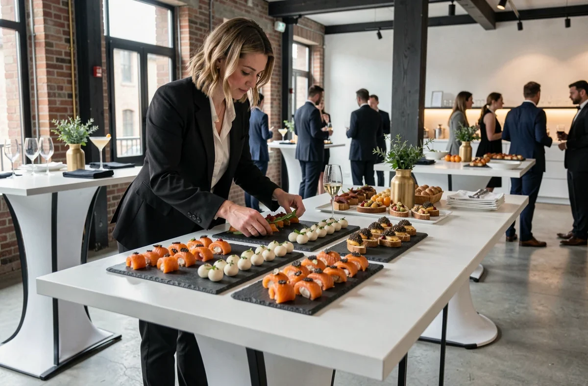 Cocktail de mariage élégant préparé par Gimm Traiteur dans un loft contemporain de Toulouse, avec bouchées raffinées sur ardoises