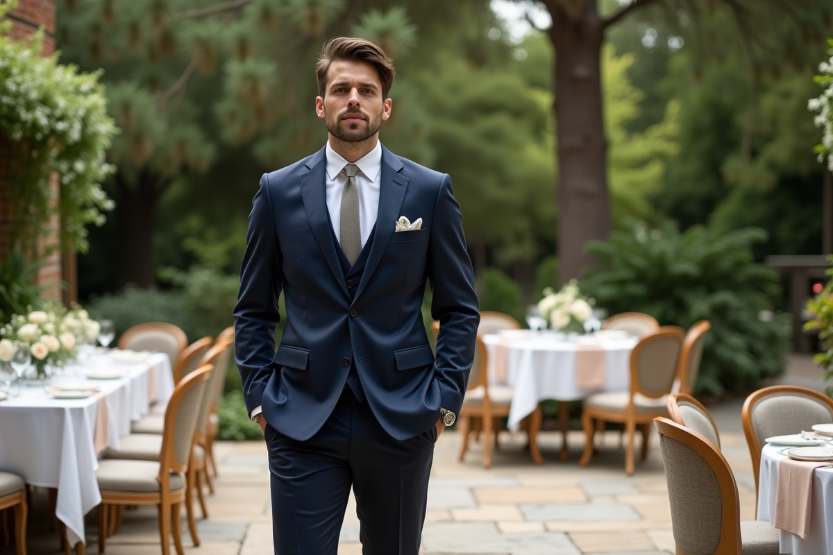 Un groom en costume admire une table de dîner en plein air