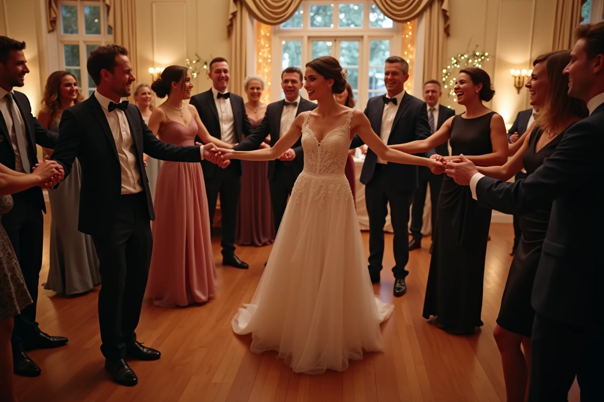 Groupe d invités de mariage chantant sur la piste de danse