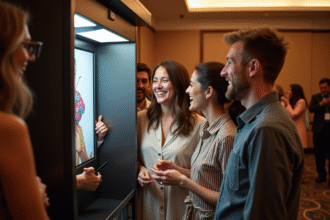 Groupe d'amis autour d'un photobooth lors d'une soirée