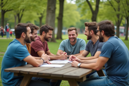 Groupe d'amis riant autour d'un pique-nique dans un parc