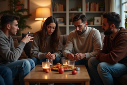Groupe d'amis dans un salon cosy en soirée