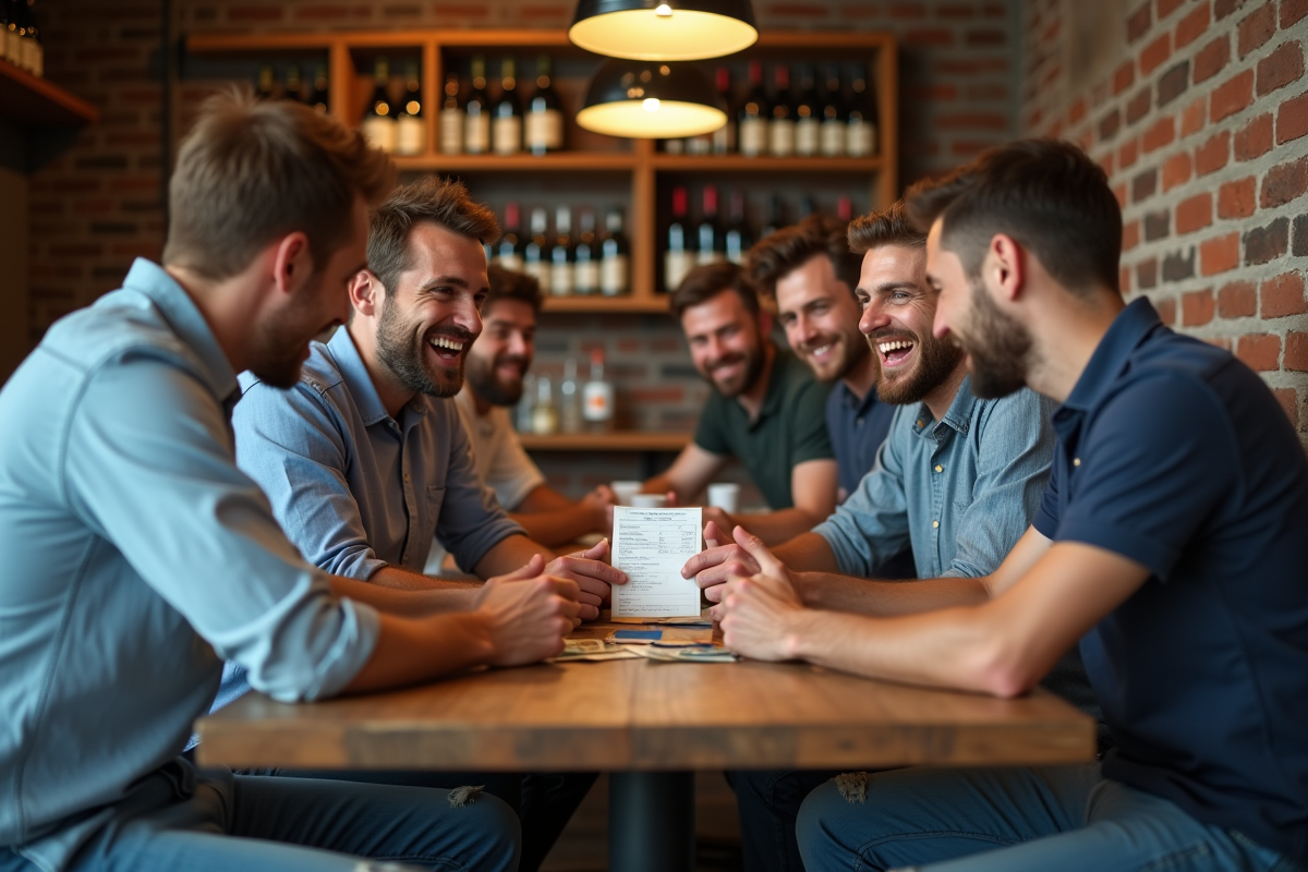 Groupe d'hommes riant autour d'une table de bistro