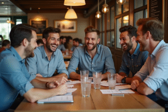 Groupe d amis riant autour d une table de brasserie