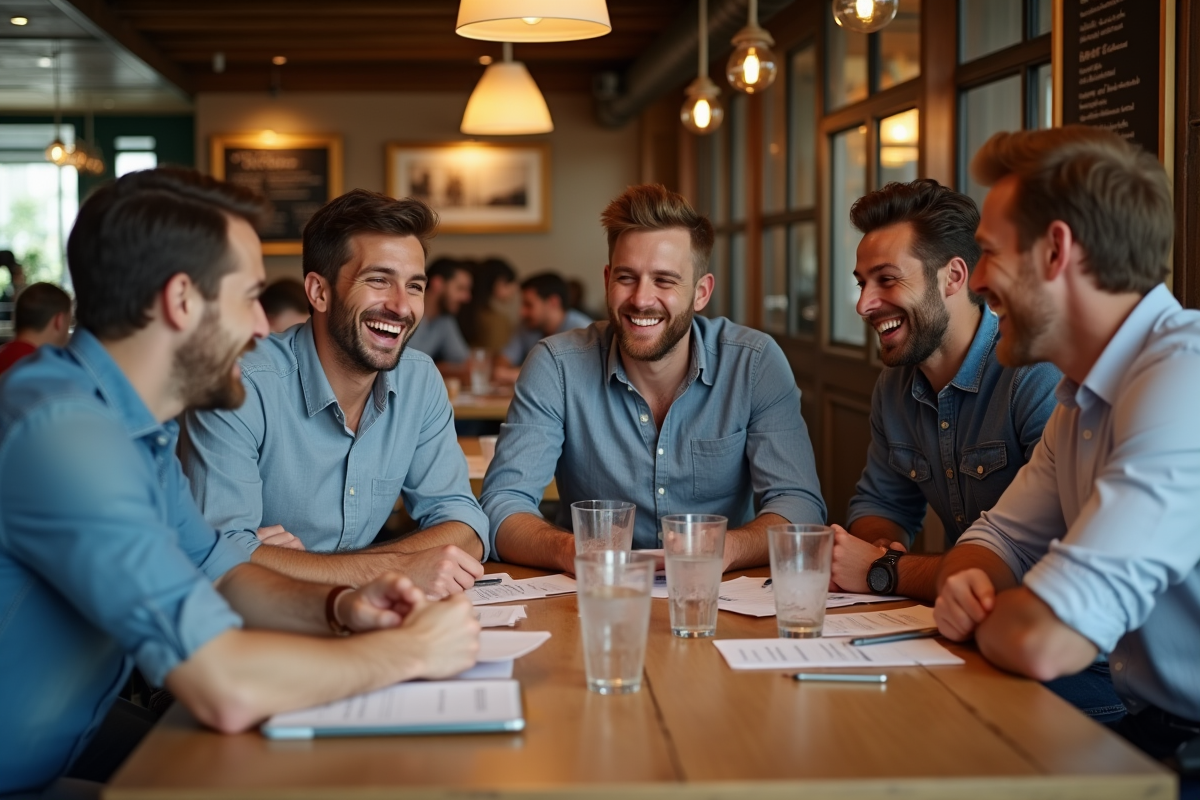 Groupe d amis riant autour d une table de brasserie