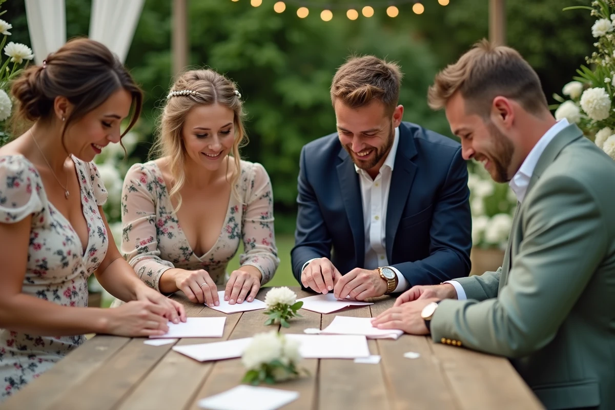 Groupe de témoins préparant les détails d'une surprise pour les mariés autour d'une table décorée en plein air