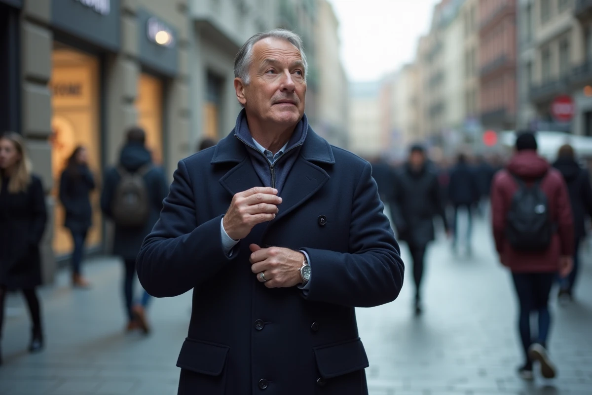 Homme en manteau regardant la ville en portant une bague