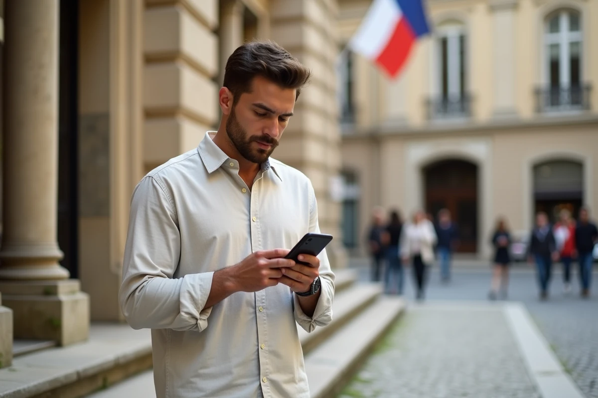 Homme consultant son téléphone devant la façade d'une mairie française lors des démarches de publication des bans
