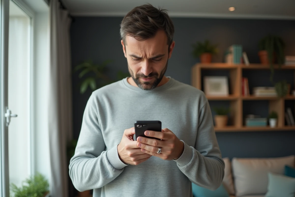 Homme marié tapant un message secret sur son téléphone avec une expression anxieuse, symbole de comportement suspect dans un couple