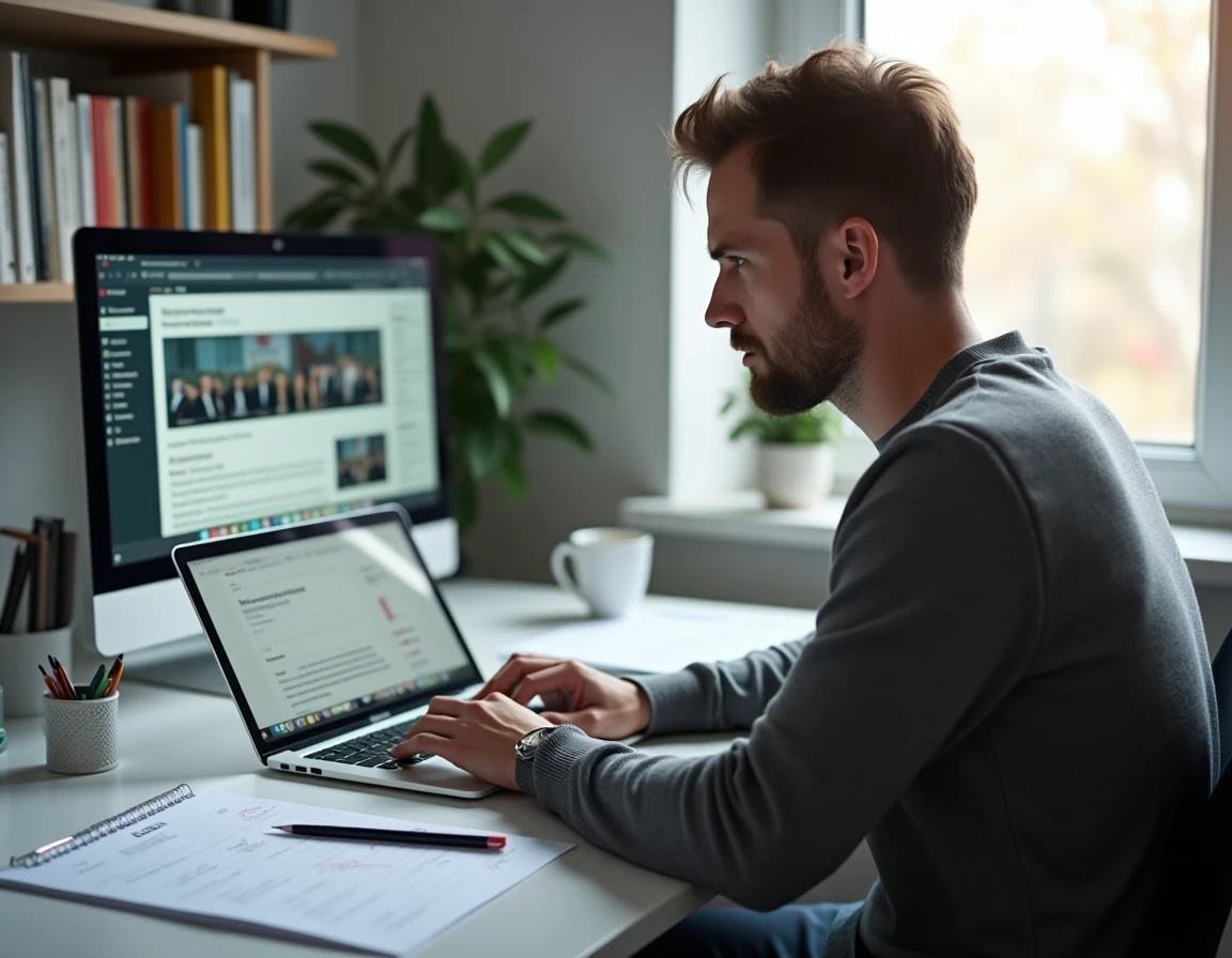 Homme frustré consultant un site administratif danois sur son ordinateur pour préparer son mariage