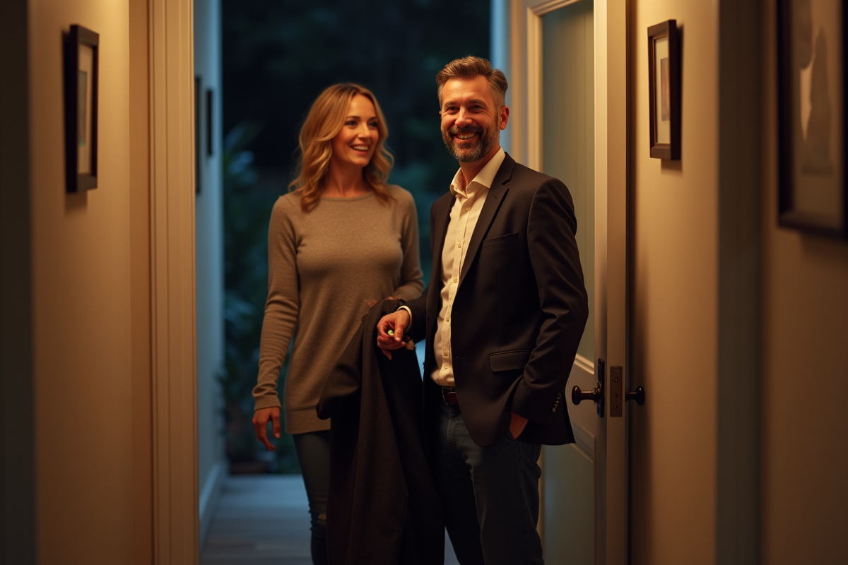 Homme souriant remettant un manteau à une invitée