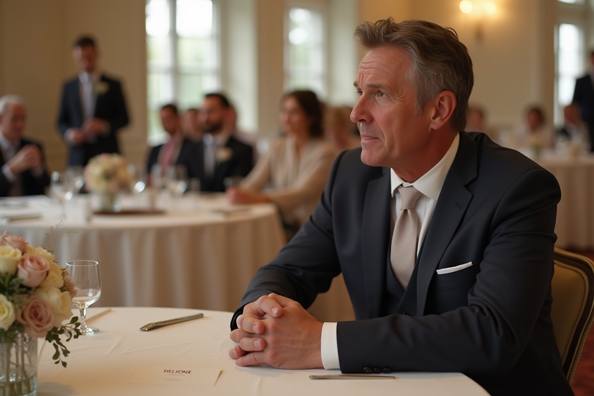 Homme en costume assis seul à une table de réception de mariage