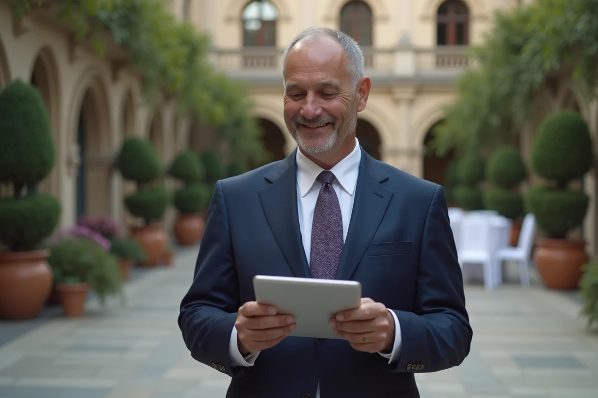 Homme en costume lors d’un appel vidéo de mariage en extérieur