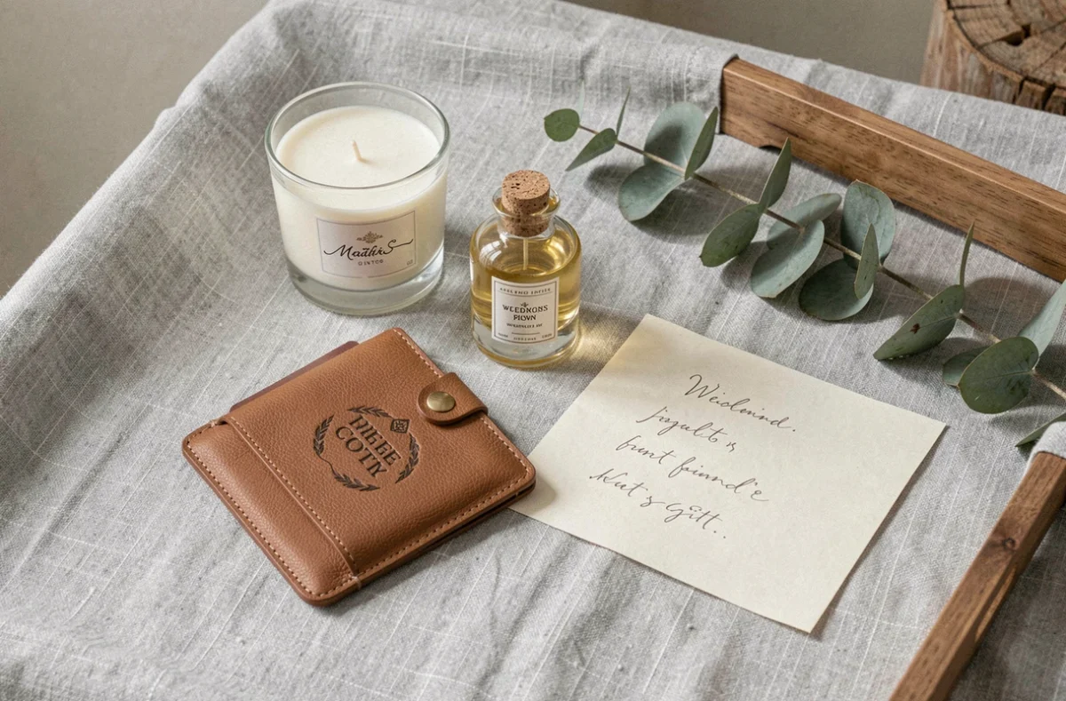 Sélection de cadeaux de dernière minute pour témoins de mariage : bougie, porte-cartes en cuir et parfum artisanal