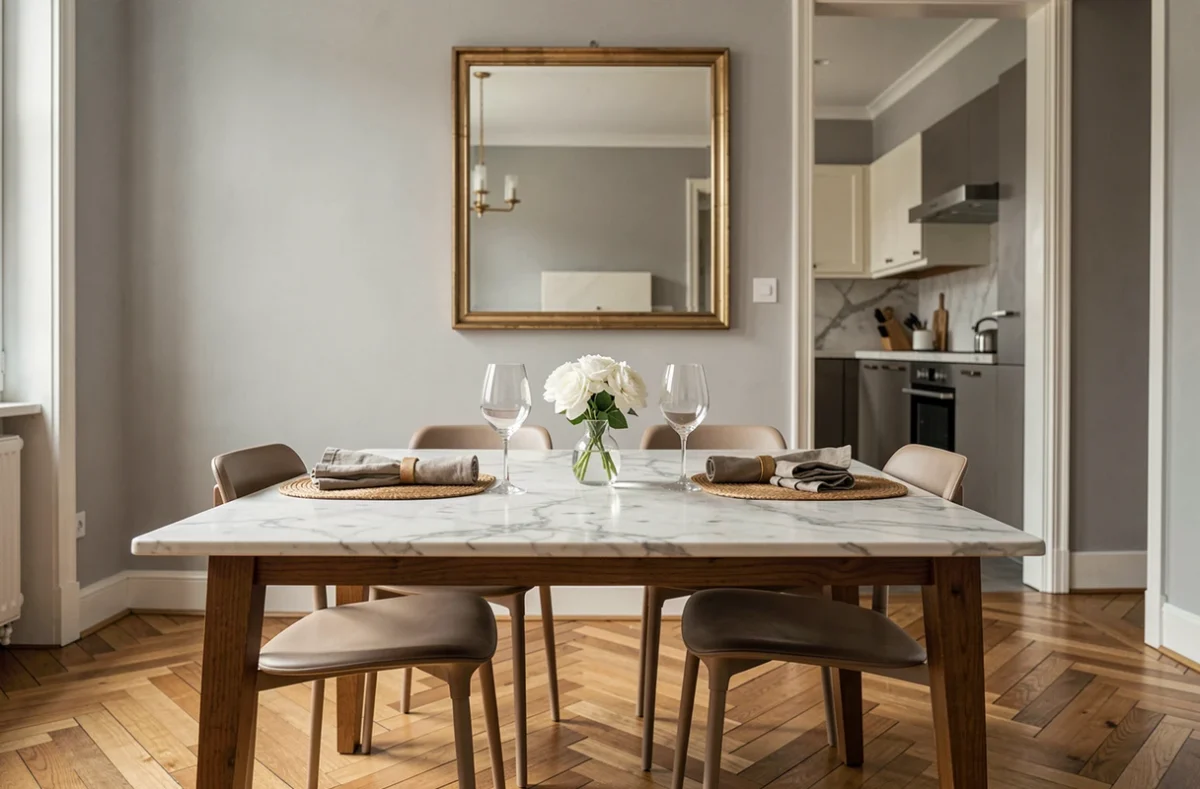 Intérieur d'appartement parisien élégant avec table dressée pour deux, parquet en chevrons et miroir encadré, ambiance vie privée raffinée