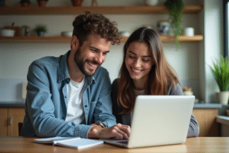 Jeune couple planifiant leur lune de miel à la maison