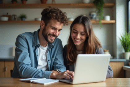 Jeune couple planifiant leur lune de miel à la maison