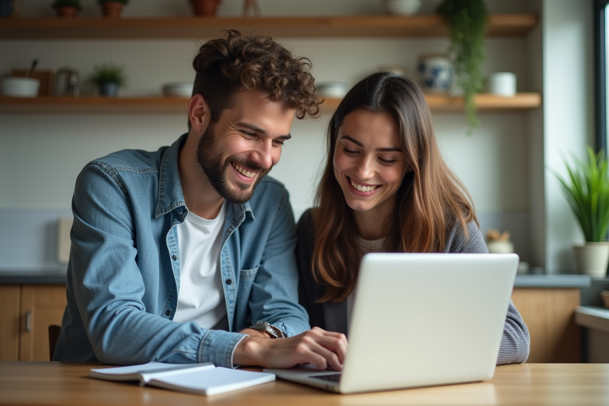 Jeune couple planifiant leur lune de miel à la maison