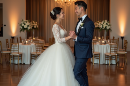 Jeune couple en danse de mariage dans une salle élégante