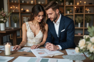 Couple en robe de mariée et costume discutant décoration mariage