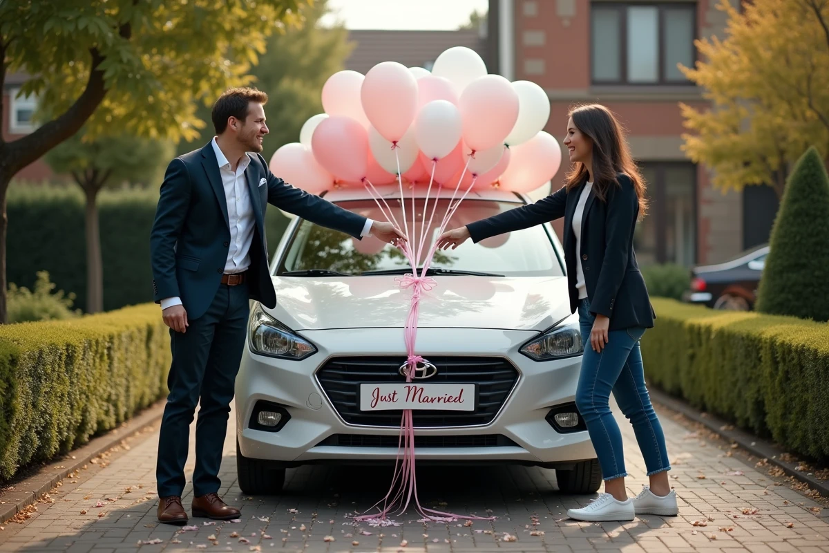 Jeune couple accrochant des ballons et stickers sur une voiture moderne