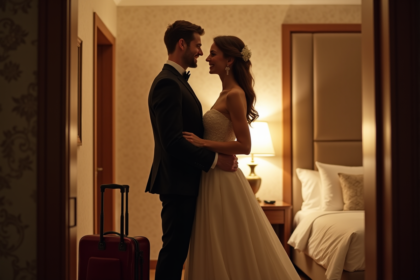 Jeune couple marié souriant dans un hôtel cosy