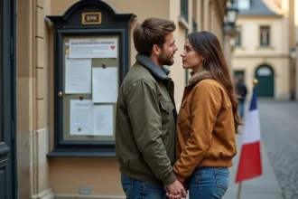 Jeune couple regardant une annonce de mariage devant la mairie