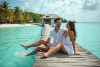 Jeune couple marié sur une jetée tropicale en vacances