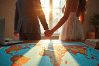 Jeune couple marié regardant une carte du monde sur la table