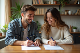 Jeune couple signant des documents dans une cuisine lumineuse