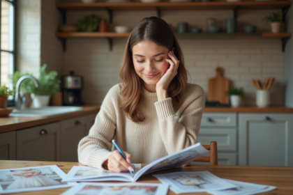Jeune femme en cuisine regardant des catalogues de décoration de mariage