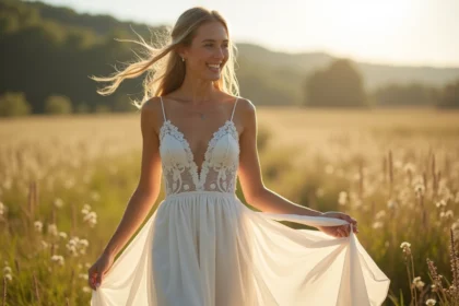 Jeune femme souriante en robe de mariage bohème dans un champ de fleurs