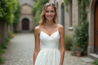 Jeune femme en robe blanche dans un cadre champêtre