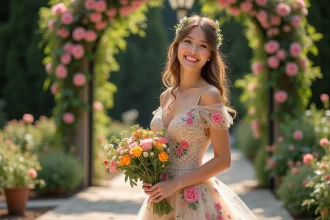 Jeune femme en robe de mariage fleurie dans un jardin ensoleille