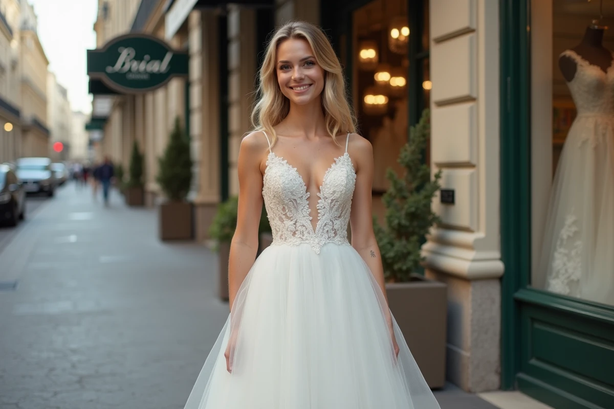 Jeune femme en robe de mariée élégante devant boutique parisienne