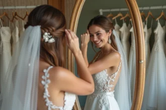 Jeune femme souriante en robe de mariée élégante dans un magasin de robes