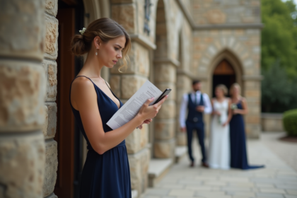 Jeune femme en robe navy vérifie son téléphone devant une église